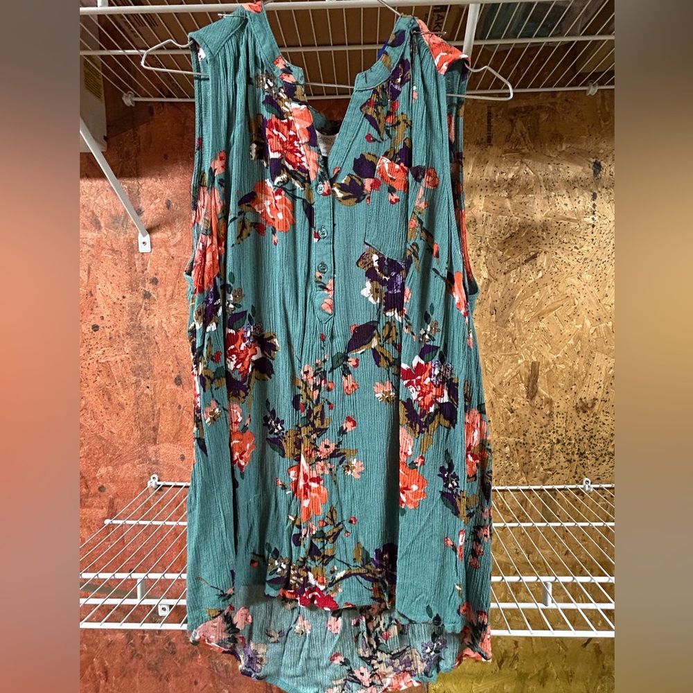 Floral Sleeveless Top - Teal and Multicolor